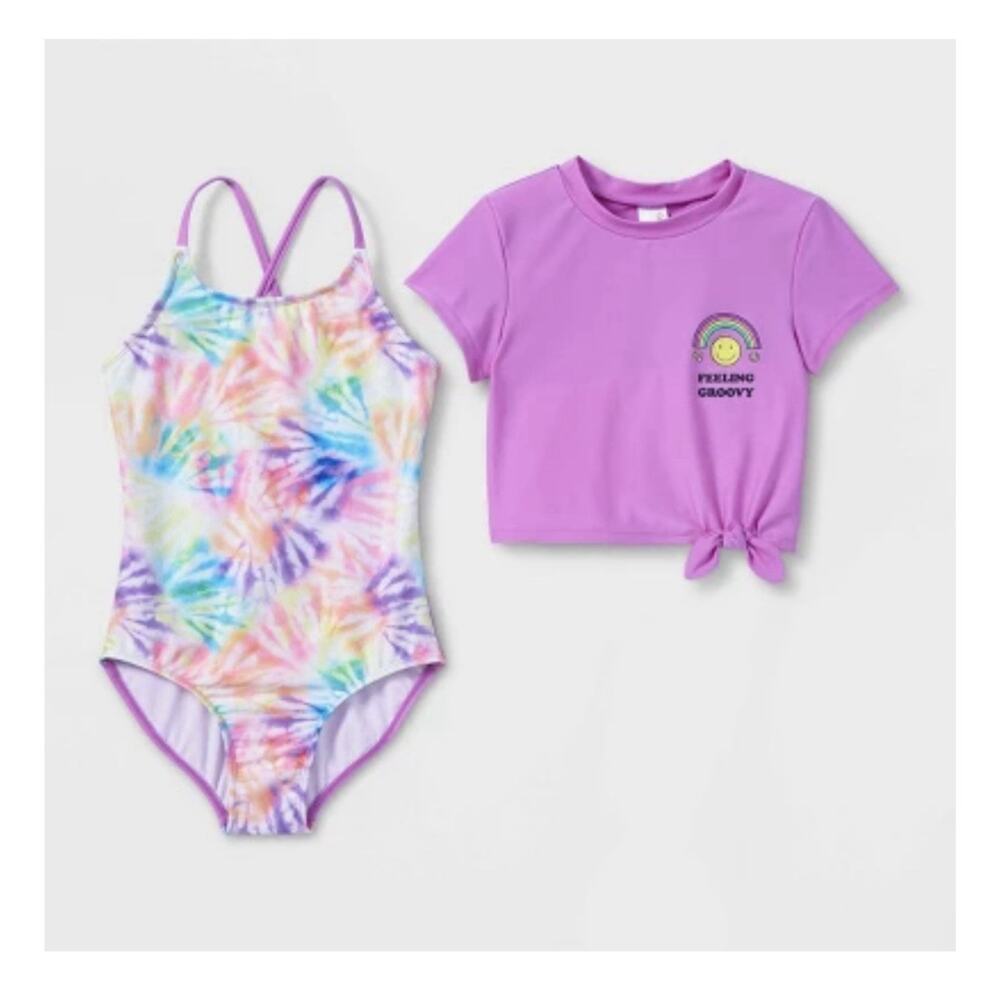Cat & Jack Tie Dye Groovy Strappy One Piece Swimsuit Rashguard Set Size L 10/12